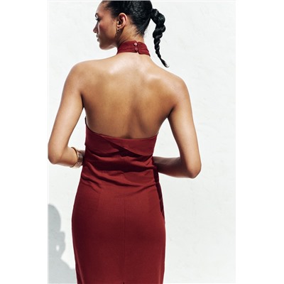 LINEN BLEND HALTER MIDI DRESS