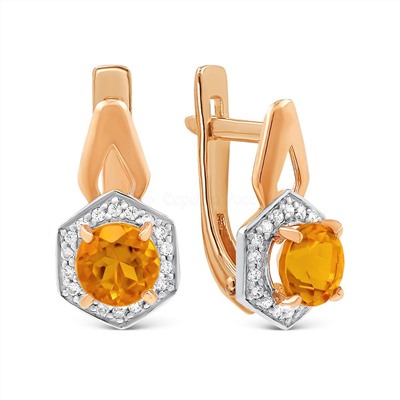 Серьги из золочёного серебра с нат. цитрином, фианитами и родированием 925 пробы С-3654зрс40500