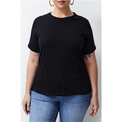 Siyah Biye Detaylı %100 Pamuk Örme T-shirt TBBSS24BF00021