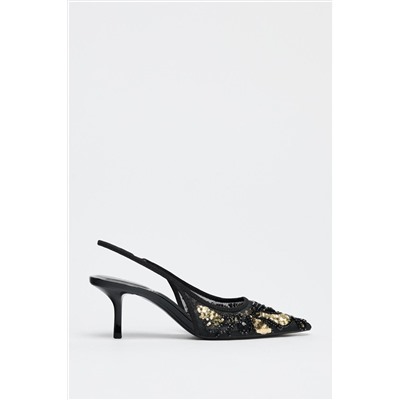 BEADED MESH HIGH-HEEL SLINGBACKS