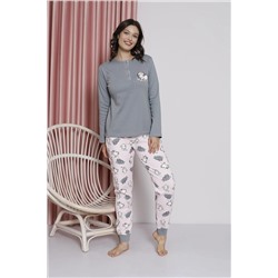 AHENGİM Kadın Pijama Takımı Genç Interlok Kedi Desenli Paça Ribanalı Pamuklu Mevsimlik W20492256 1-2-10001197