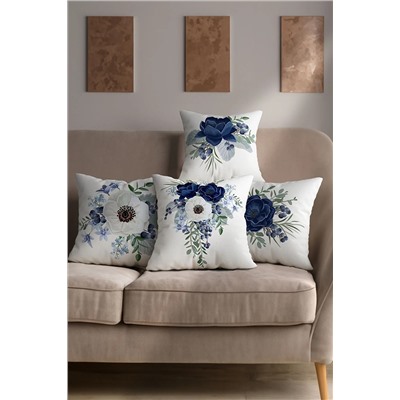 HayaLcarpet Doğa Temalı Mavi Beyaz Çiçek Desenli 4lü Dijital Baskılı Kırlent Kılıfları KRL-1604-1607-1610-1611