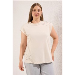 Bej Bisiklet Yaka Taşlı %100 Pamuk Örme T-Shirt TBBSS23BF00041