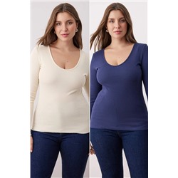 Lacivert-Taş 2'li Paket V Yaka Fitted/Vücuda Oturan Pamuklu Esnek Örme Bluz TBBAW26AF00018