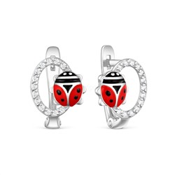Серьги детские из родированного серебра с эмалью и фианитами - Божьи коровки 925 пробы 2313007