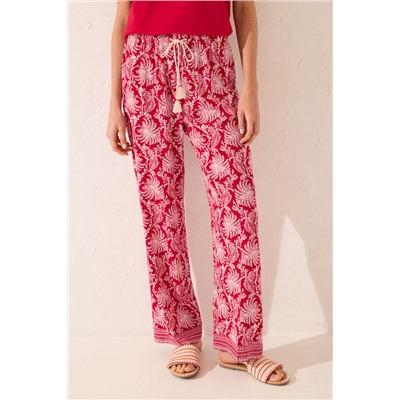 Pantalón largo viscosa estampado hojas rojo