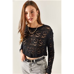 Olalook Kadın Siyah Sırtı Kesik Detaylı Ajurlu Crop Triko Bluz BLZ-19002325