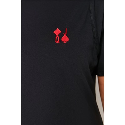 Siyah Nakış Detaylı Örme Maxi/Uzun %100 Pamuk T-shirt Elbise TBBSS24AH00084