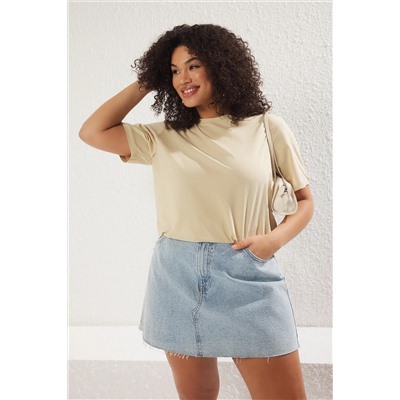 Bej Regular Fit Sırtı Bağlama/Fiyonk Detaylı Örme Büyük Beden T-shirt TBBSS25BF00000