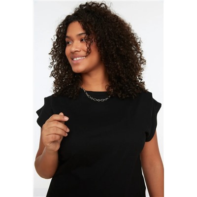 Siyah Bisiklet Yaka Kol Detaylı %100 Pamuk Örme T-Shirt TBBSS22BF0023