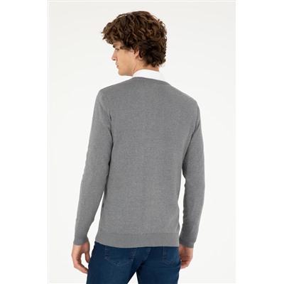 Erkek Slim Fit V Yaka Gri Melanj Basic Kazak