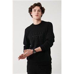 Avva Erkek Siyah Interlok Kumaş Bisiklet Yaka Gofre Baskılı Sweatshirt A32y1374 A32Y1374