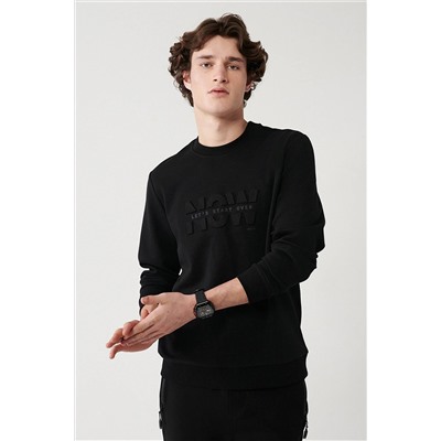 Avva Erkek Siyah Interlok Kumaş Bisiklet Yaka Gofre Baskılı Sweatshirt A32y1374 A32Y1374