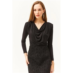 Olalook Kadın Siyah Vatkalı Pileli Degaje Yaka Bluz BLZ-19002419