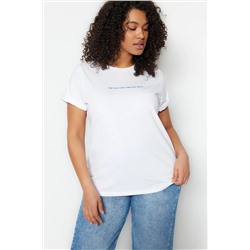 Beyaz Regular Fit Bisiklet Yaka Slogan Baskılı %100 Pamuk Örme Büyük Beden T-Shirt TBBSS23BF00034