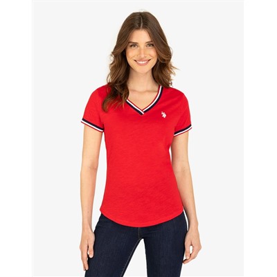 V-NECK SIGNATURE STRIPE TRIM T-SHIRT