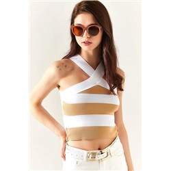 Olalook Kadın Bal Köpüğü Çapraz Detaylı Çizgili Crop Bluz BLZ-19002316