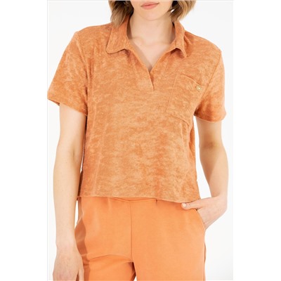 Kadın Pudra Crop Polo Yaka Tişört