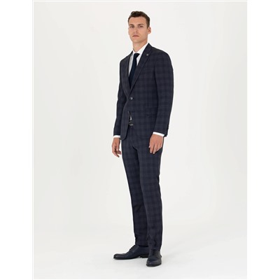 Lacivert Ekose Yün Karışımlı Ekstra Slim Fit Takım Elbise