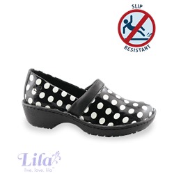 Lila Black/White Polka Dot Nursing Clog