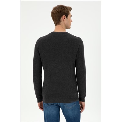 Erkek Slim Fit Bisiklet Yaka Antrasit Melanj Basic Kazak