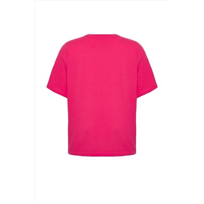 Pembe Geniş Kalıp Bisiklet Yaka Baskılı %100 Pamuk Örme T-shirt TBBSS23AH00131