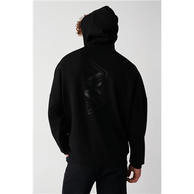 Avva Erkek Siyah İnterlok Kumaş Kapüşonlu Yaka Baskılı Kanguru Cepli Sweatshirt A32Y1280