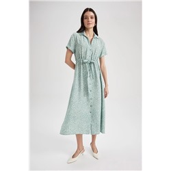 Defacto Traditional  Desenli Gömlek Yaka Kısa Kollu Viskon Midi Gömlek Elbise Y1619AZ22SM