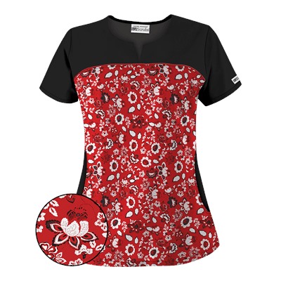 UA Bandana Blossom Red Rounded Notch Neck Scrub Top