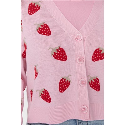 Pembe Çilek Desenli V Yaka Crop Triko Hırka TBBAW23AV00028