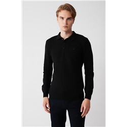 Siyah 3 Düğmeli Polo Yaka Regular Fit Standart Kesim Triko Kazak