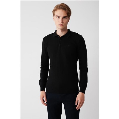 Siyah 3 Düğmeli Polo Yaka Regular Fit Standart Kesim Triko Kazak