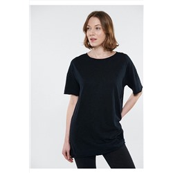 Mavi Yırtmaç Detaylı Siyah Basic Tişört Loose Fit / Bol Rahat Kesim 167237-900