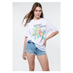 Mavi Sunset Dream Baskılı Beyaz Tişört Loose Fit / Bol Rahat Kesim 1611512-620