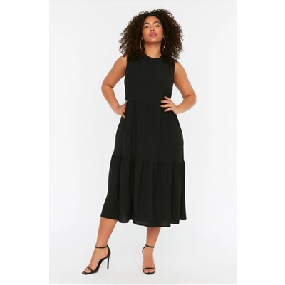 Siyah Shift/Düz Kesim Dik Yaka Midi Dokuma Elbise TBBSS22EL1593