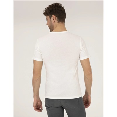 Ekru Slim Fit Baskılı Bisiklet Yaka Tişört