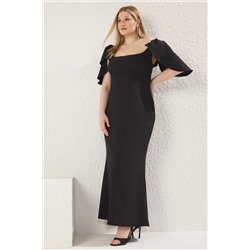Trendyol Curve Siyah Karpuz Kollu Maxi Dokuma Party Büyük Beden Elbise TBBSS25AH00148