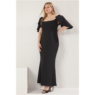 Trendyol Curve Siyah Karpuz Kollu Maxi Dokuma Party Büyük Beden Elbise TBBSS25AH00148