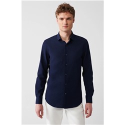 Avva Erkek Mavi Klasik Yaka Gofreli Pamuklu Slim Fit Gömlek E002068