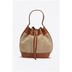Bolso saco de rafia y piel Monaco Beige y camel