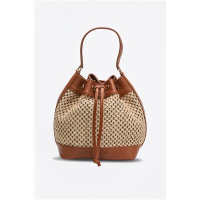 Bolso saco de rafia y piel Monaco Beige y camel