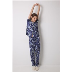 Pijama largo camisero 100% algodón azul flores