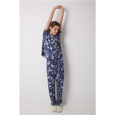 Pijama largo camisero 100% algodón azul flores