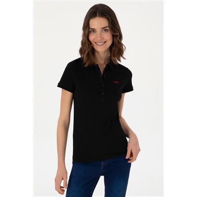 Kadın Siyah Basic Polo Yaka Tişört