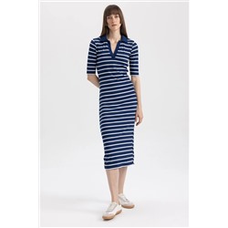 Defacto Bodycon Polo Yaka Çizgili Fitilli Kaşkorse Midi Kısa Kollu Elbise A8621AX23SM