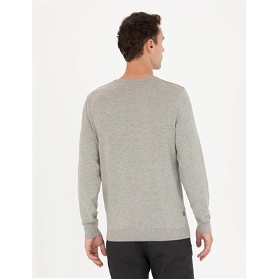 Açık Gri Melanj Slim Fit Bisiklet Yaka Basic Triko Kazak