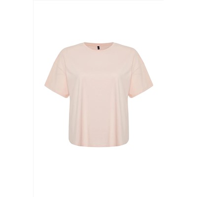 Açık Pembe %100 Pamuk Sırt Baskılı Geniş Rahat Kesim Bisiklet Yaka Örme T-Shirt TBBSS24BF00025