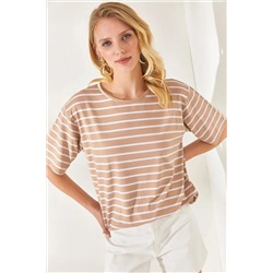 Olalook, Kadın Camel Çizgili Salaş Tişört TSH-19000283