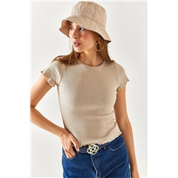 Olalook Kadın Taş Overlok Detaylı Crop Likralı Bluz BLZ-19002352