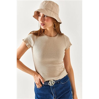 Olalook Kadın Taş Overlok Detaylı Crop Likralı Bluz BLZ-19002352